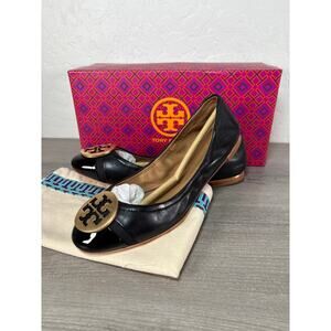 Tory Burch Minnie Cap Toe Ballet Flat Perfect Black Leather Gold Logo Size US 6M